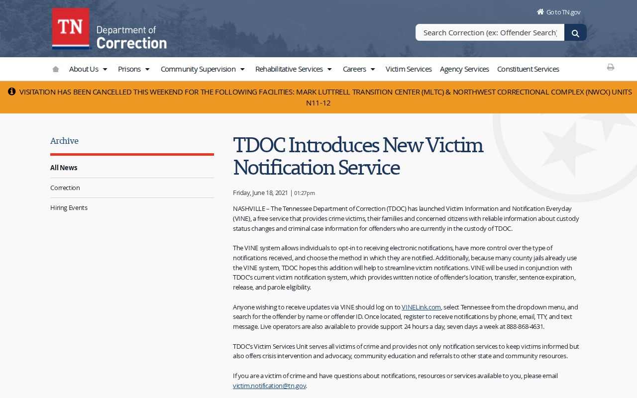 Tennessee statewide VINE custody alert announcement